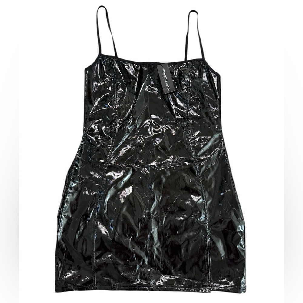 Pretty Little Thing Black Vinyl Bandeau Bodycon Dress Size 10